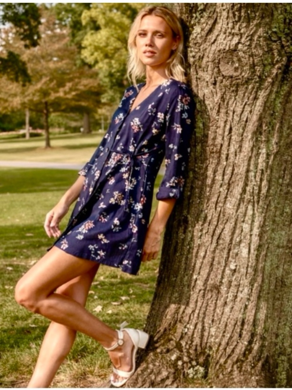 Zara Basic Blue Floral Faux Wrap Mini Dress